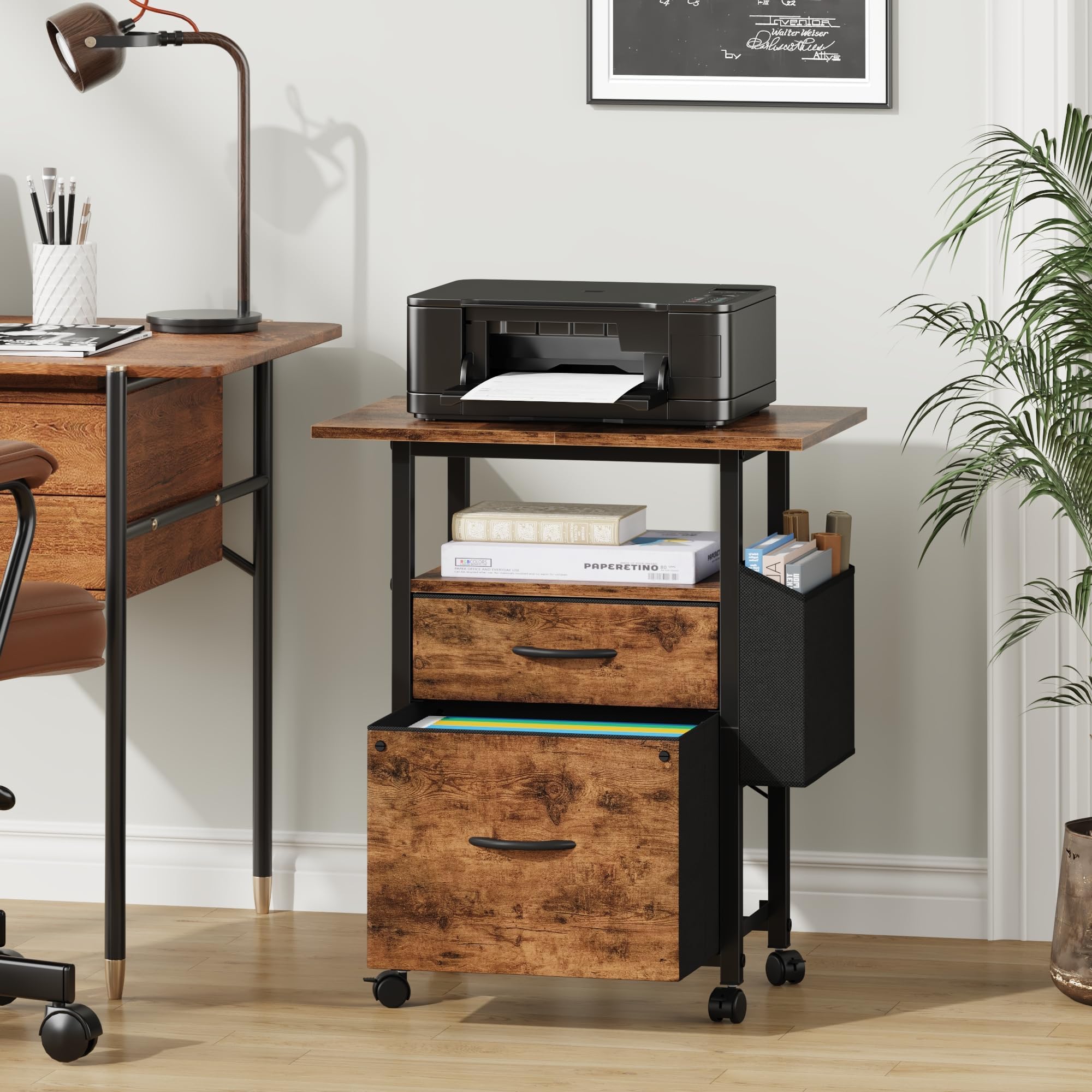 2 Drawer File Cabinet with 24'' Extended Desktop, Mobile Filing Cabinet