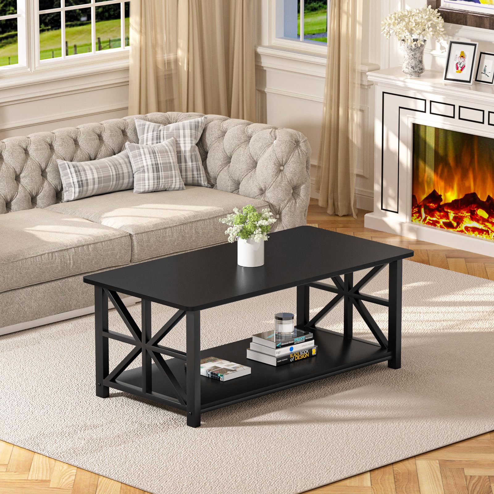 Coffee Table with Round Corner, Farmhouse Center Table with 2-Tier Storage