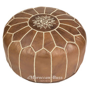 Premium Stuffed Leather Pouf Ottoman, Natural Brown, Tan