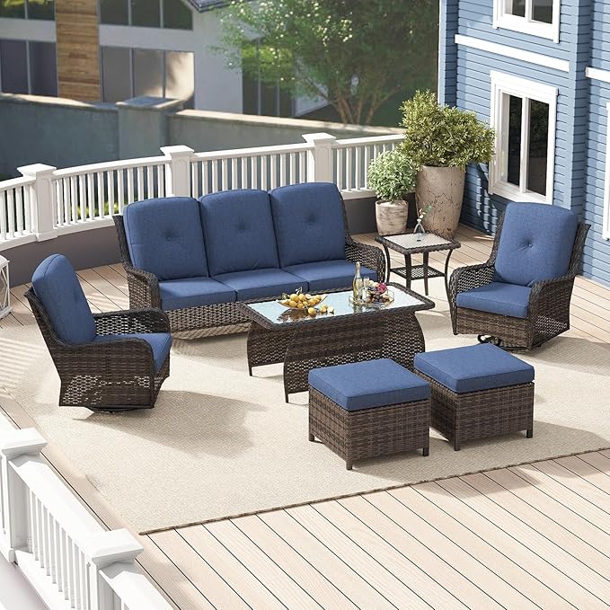 7 Pieces Wicker Patio Furniture Set, Outdoor Swivel Rocking Chair