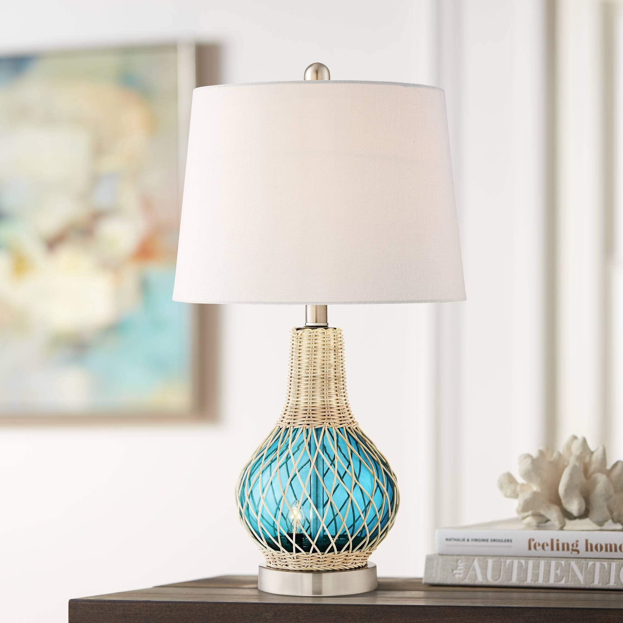 Coastal Natural Cottage Accent Table Lamp with Nightlight LED 22.75" High Rope