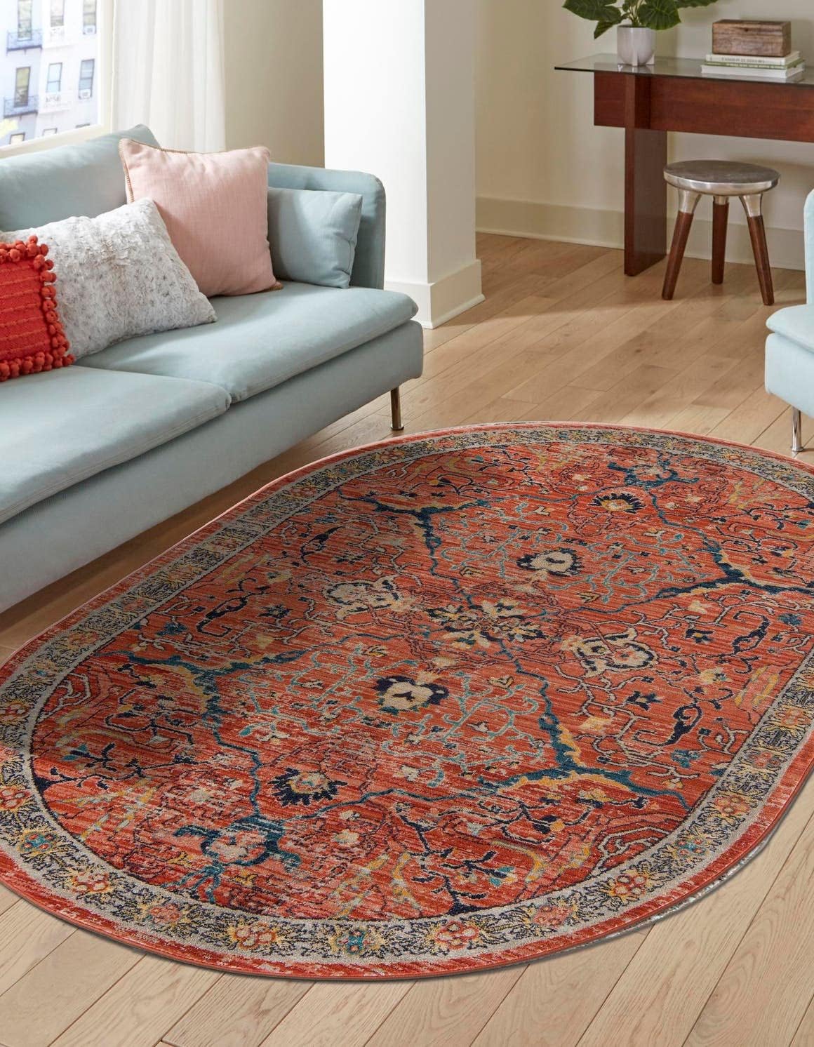 Lola Collection Area Rug - Vivacious (7' 10" x 10' 2" Oval, Brick Red/Blue)