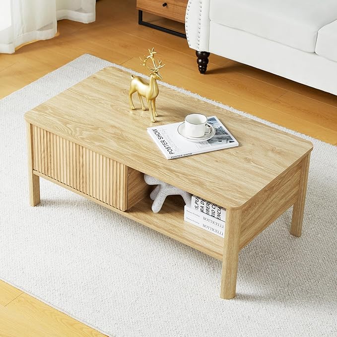 Wooden Fluted Lift Top Coffee Table with Hidden Compartment, Modern Rectangle Center