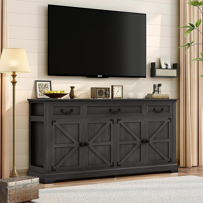 Vipbear 65" Large Sideboard Buffet Cabinet, Farmhouse Kitchen Sideboard Cabinet Buffet with Storage 3 Drawers & 4 Doors, Coffee Wine Bar Cabinet with Storage for Living Room, Kitchen, White