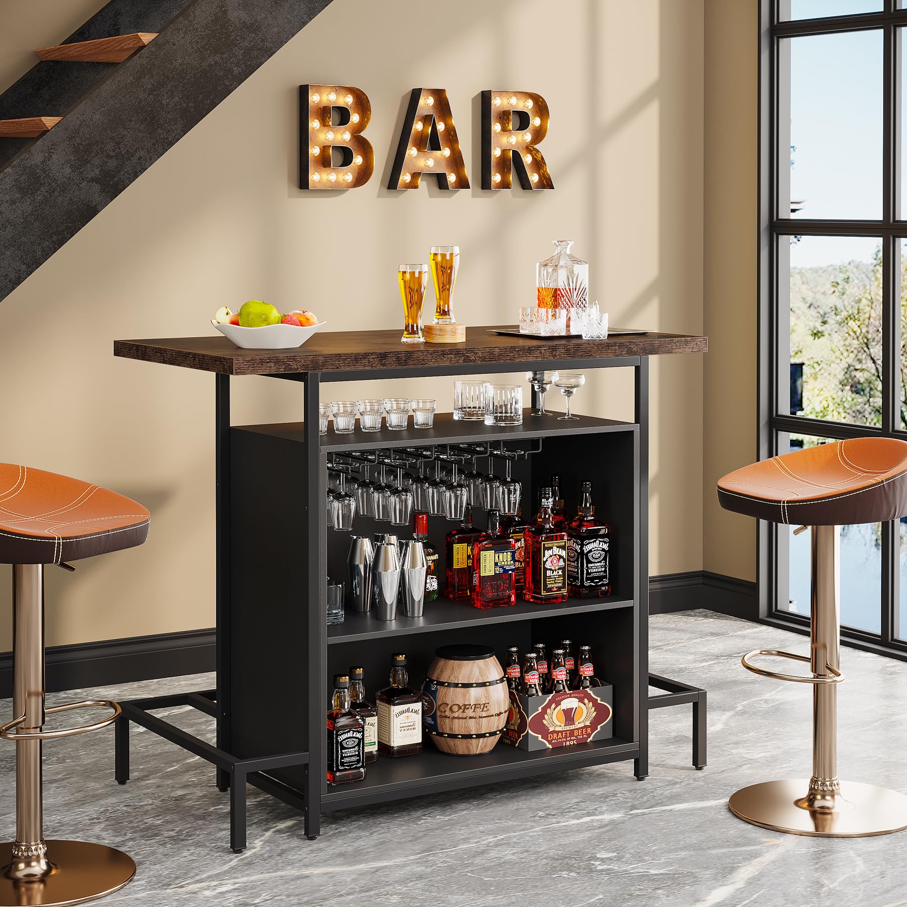 Industrial Home Bar Unit, 3-Tier Liquor Bar Table with 4 Stemware Racks