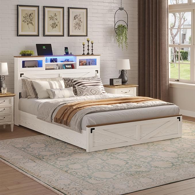 Farmhouse Bed Frame Queen Size with Bookcase Headboard and 2 Drawers