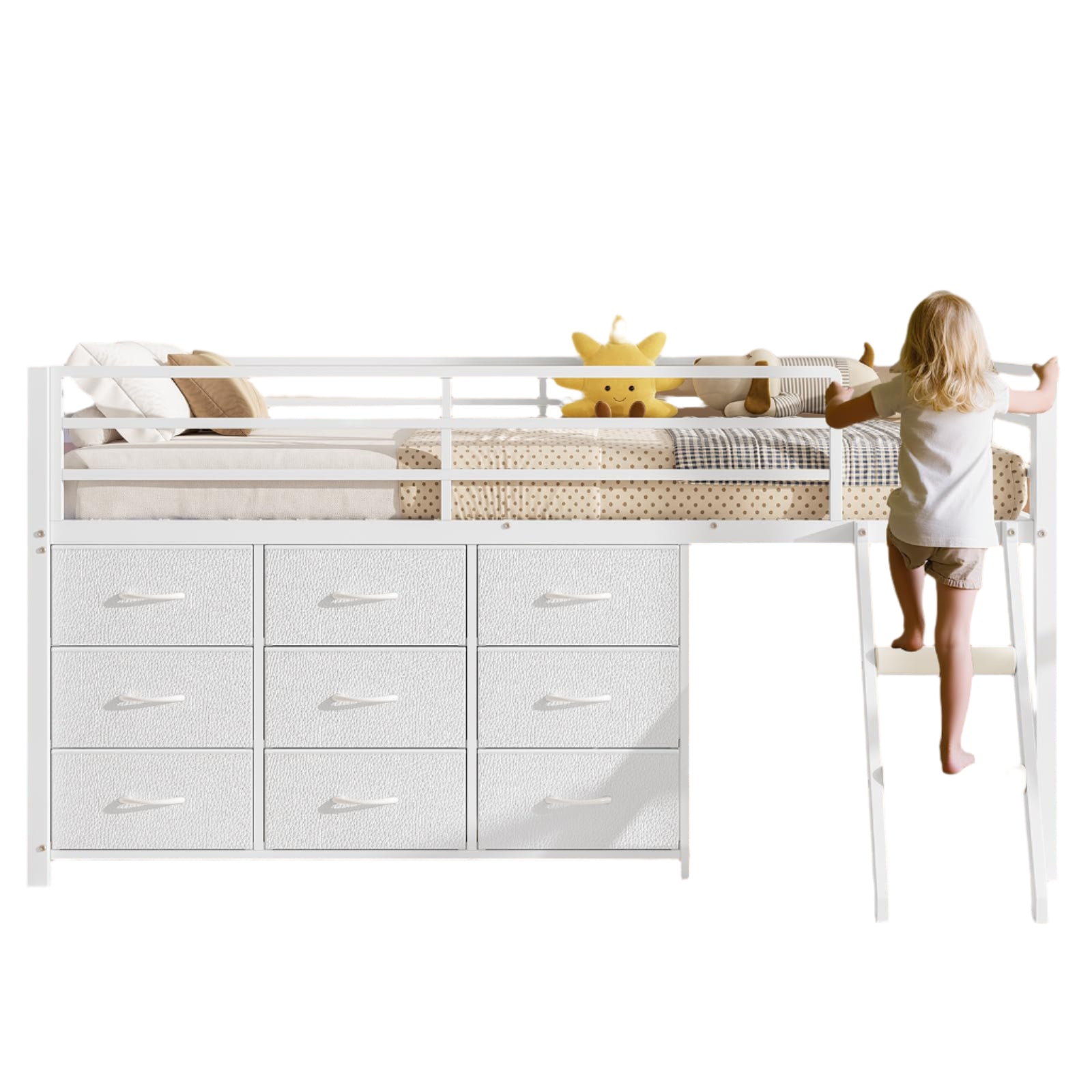 Twin Loft Bed for Kids, Low Loft Bed Twin Size with 9 Storage Dresser