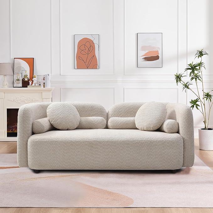 Japandi Style Boucle Sofa, Modern Tight Curved Back Sofa, living room