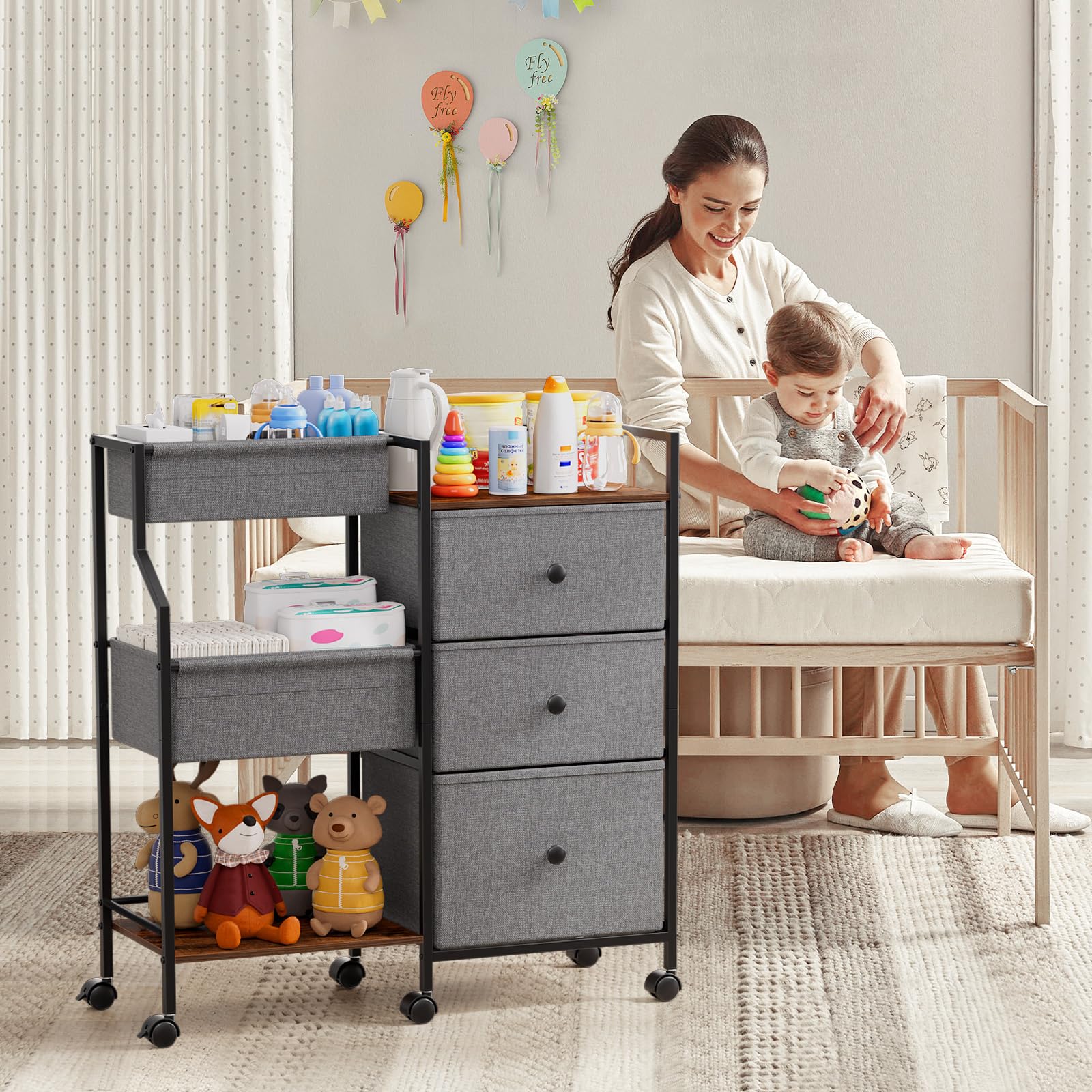 Baby Diaper Caddy Organizer and Storage - 3 Tier Rolling Cart with Dividers and Drawers