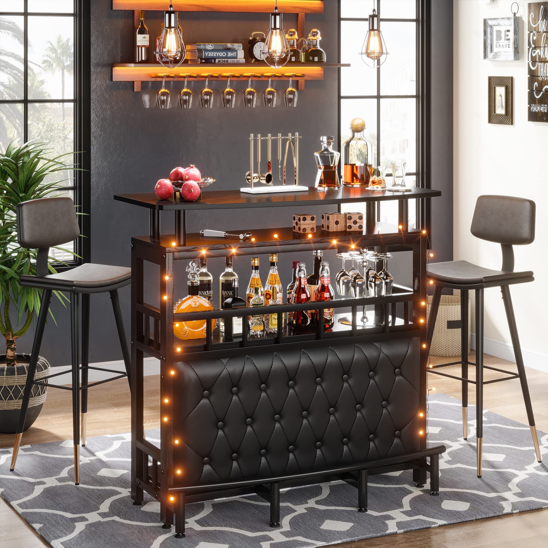 Home Bar Unit for Liquor, 44-Inch Bar Height Table with Storage, Black
