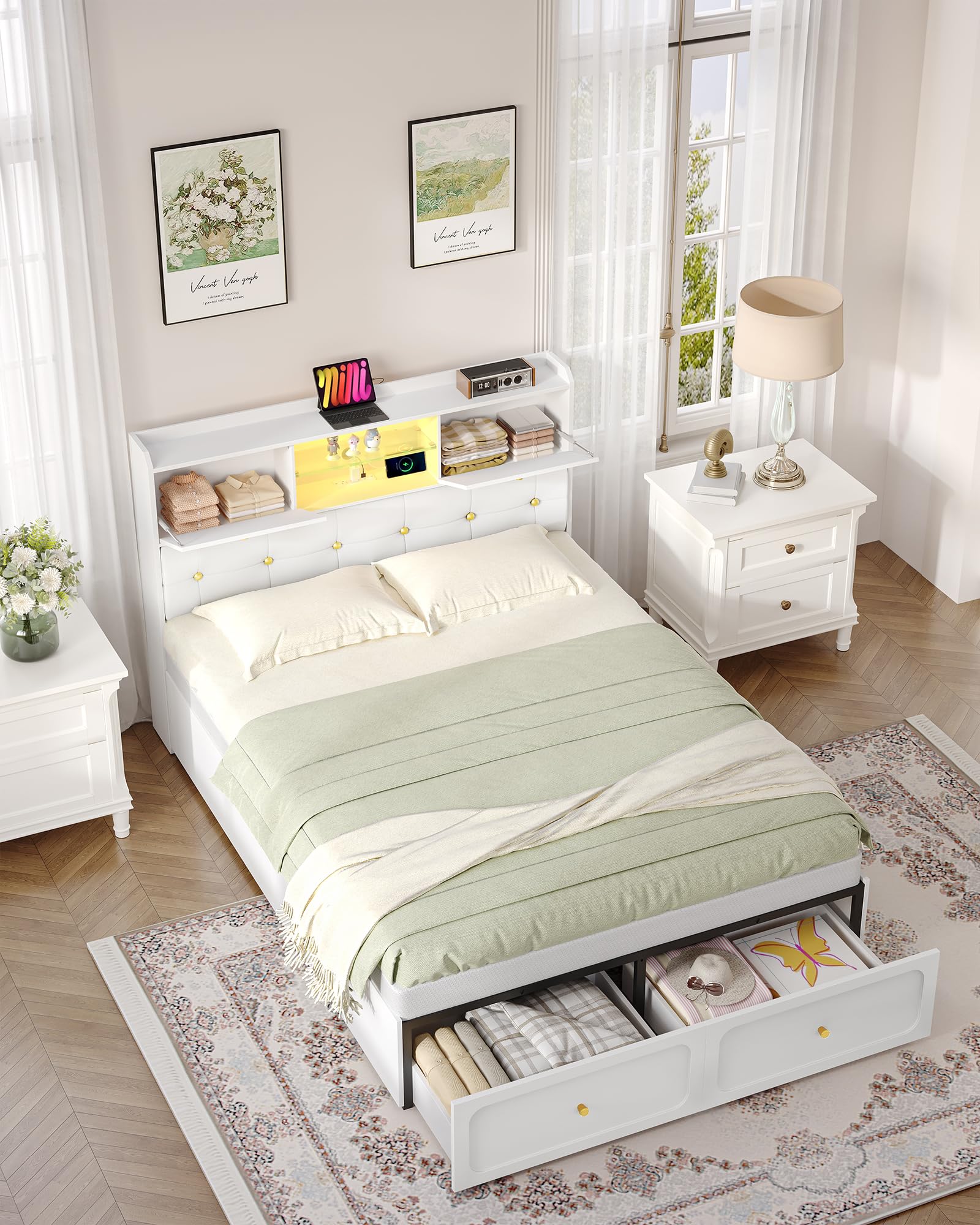 Bed Frame with Upholstered Headboard and 2 Storage Cabinet, Smart LED Lights