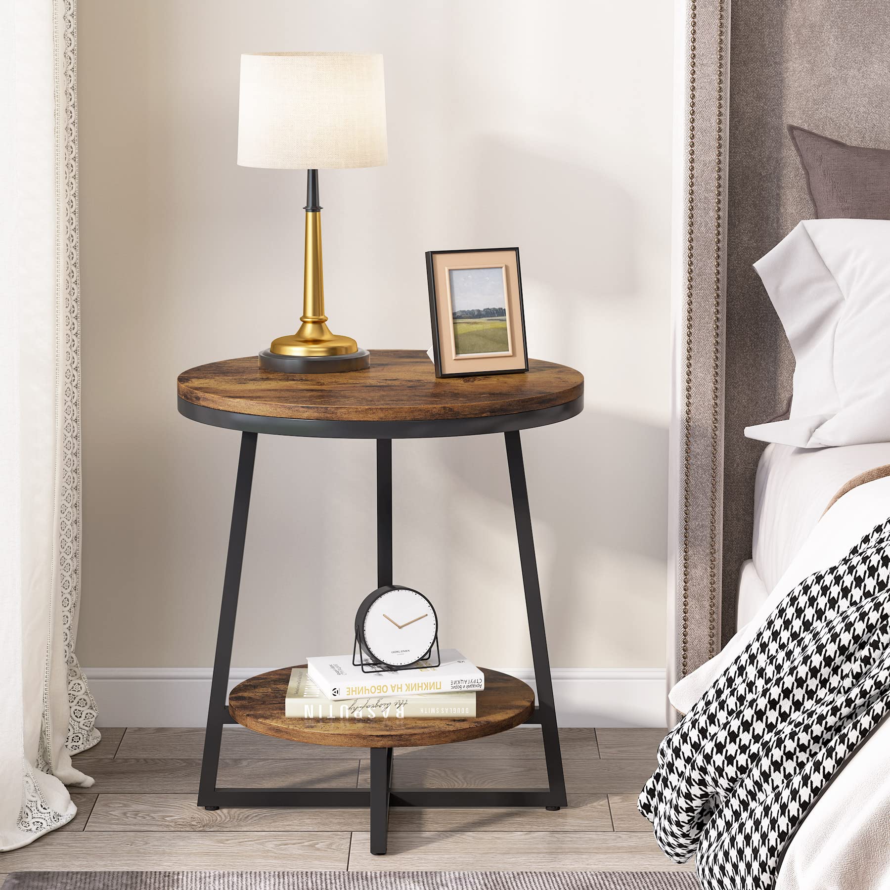 End Table, 2 Tier Round Side Table with Storage Shelf