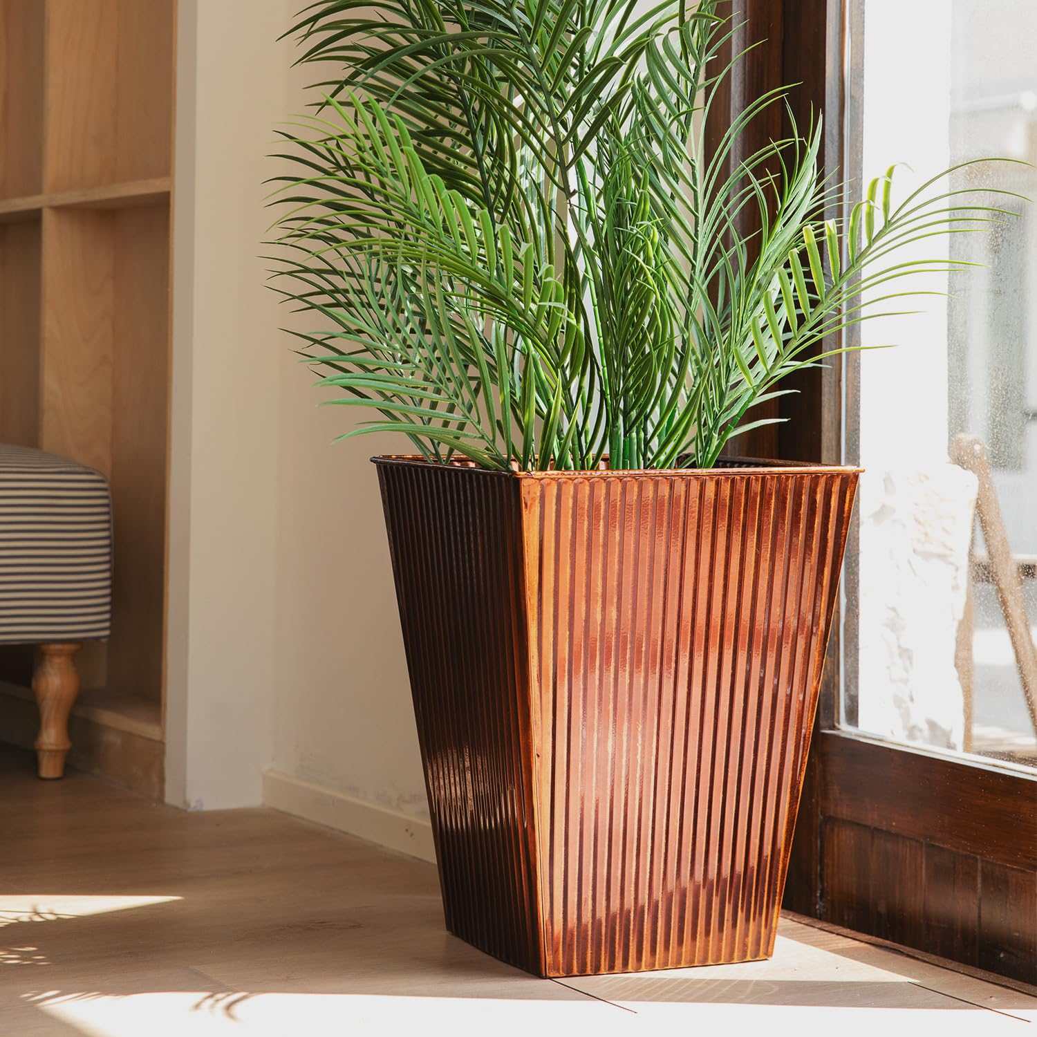 18in Vintage Handmade Metal Vertical Lines Copper Tapered Planters Set of 2