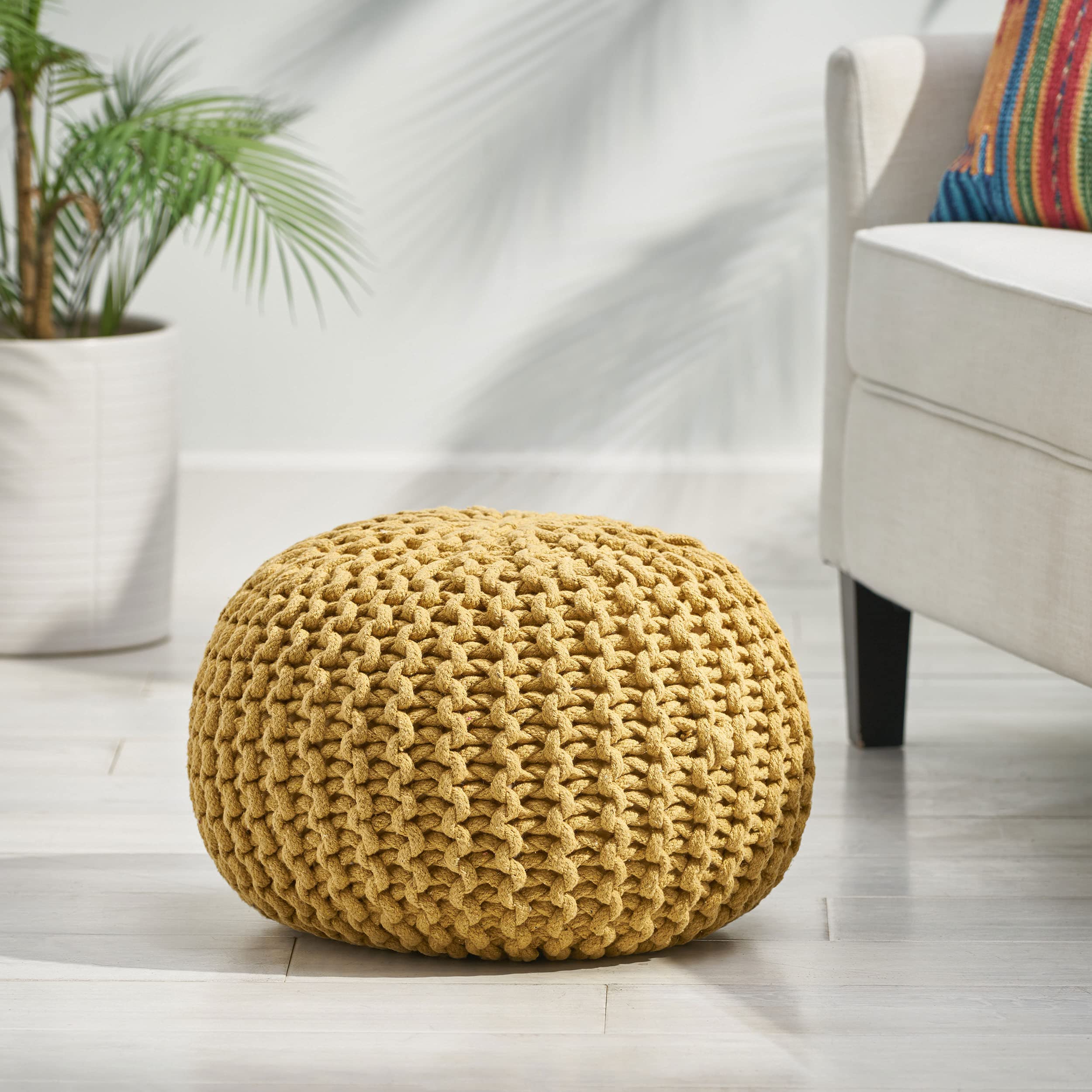 GDFStudio Poona Handcrafted Modern Cotton Pouf, Yellow 20 *20 *14