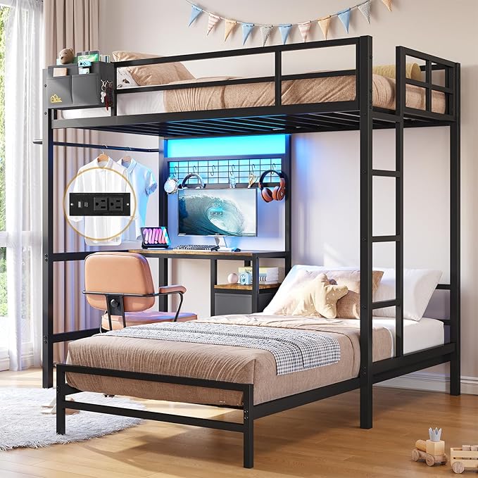 Bunk Bed with Desk and Charging Station Metal Loft Bed Twin Size