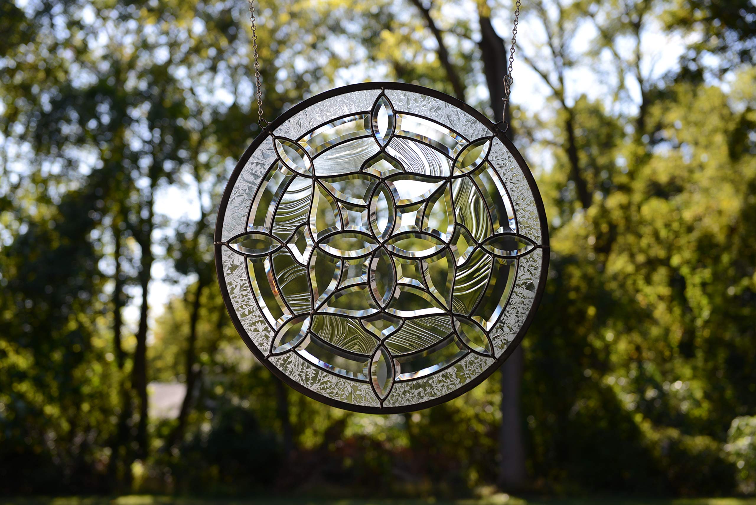21" Dia All Clear Hanging Stained Glass Beveled Window Panel