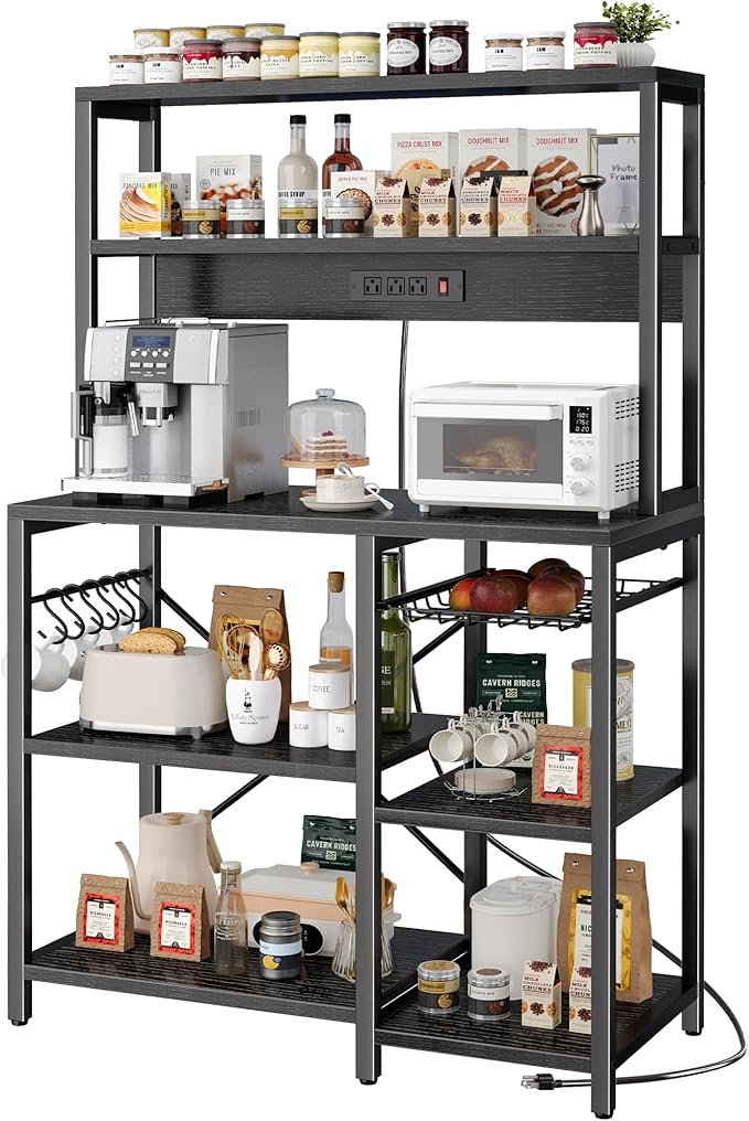 Bakers Rack with Power Outlet, 35.4 Inches Coffee Bar with Wire Basket
