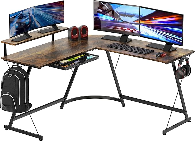 51 x 51 Inches Vista L-Shaped Desk with Monitor Stand and Drawer, Black