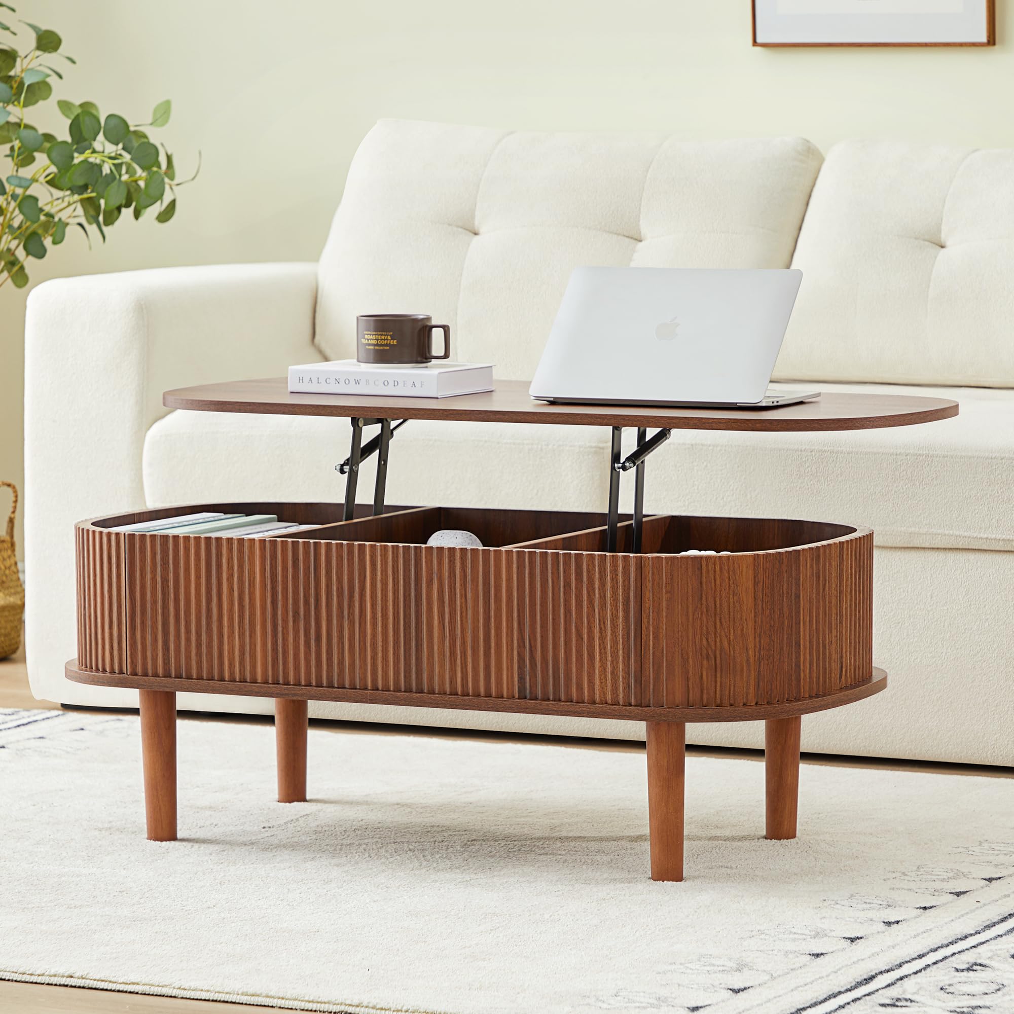Fluted Lift Top Coffee Table with Hidden Compartment, Fully Assembled Wooden Center