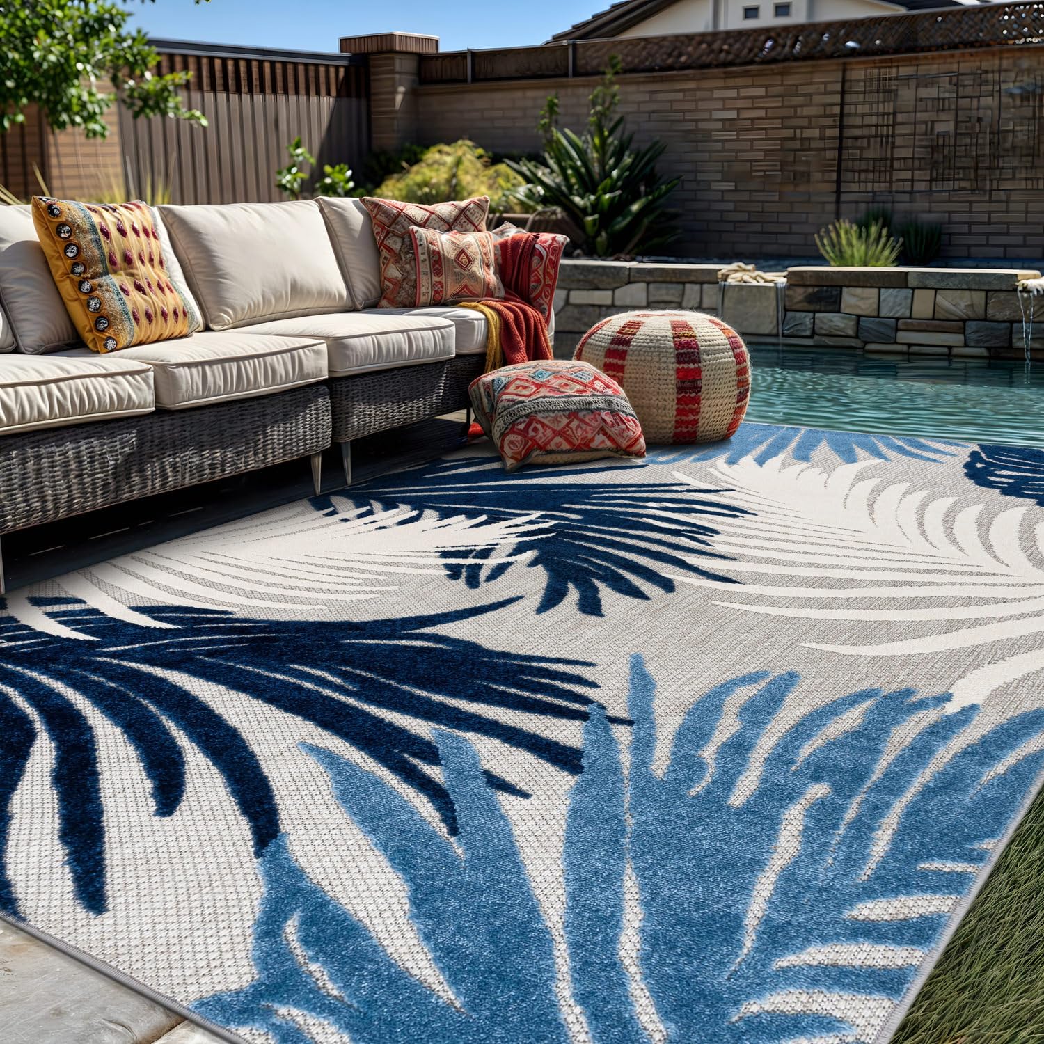 Lucca Contemporary Floral Indoor/Outdoor Area Rug 7'10" x 10' Navy