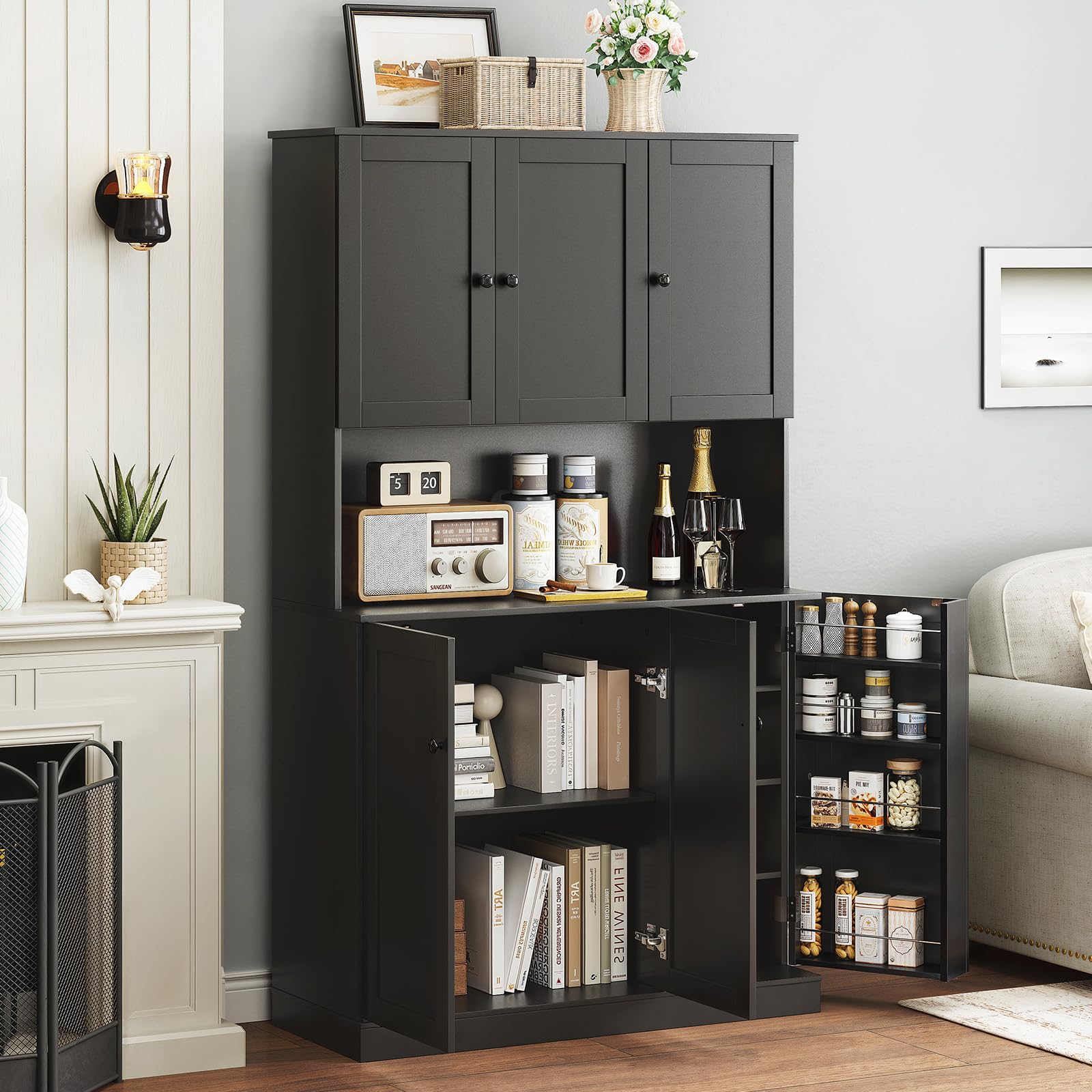 71" Tall Pantry Storage Cabinet with Microwave Stand & Door Shelf