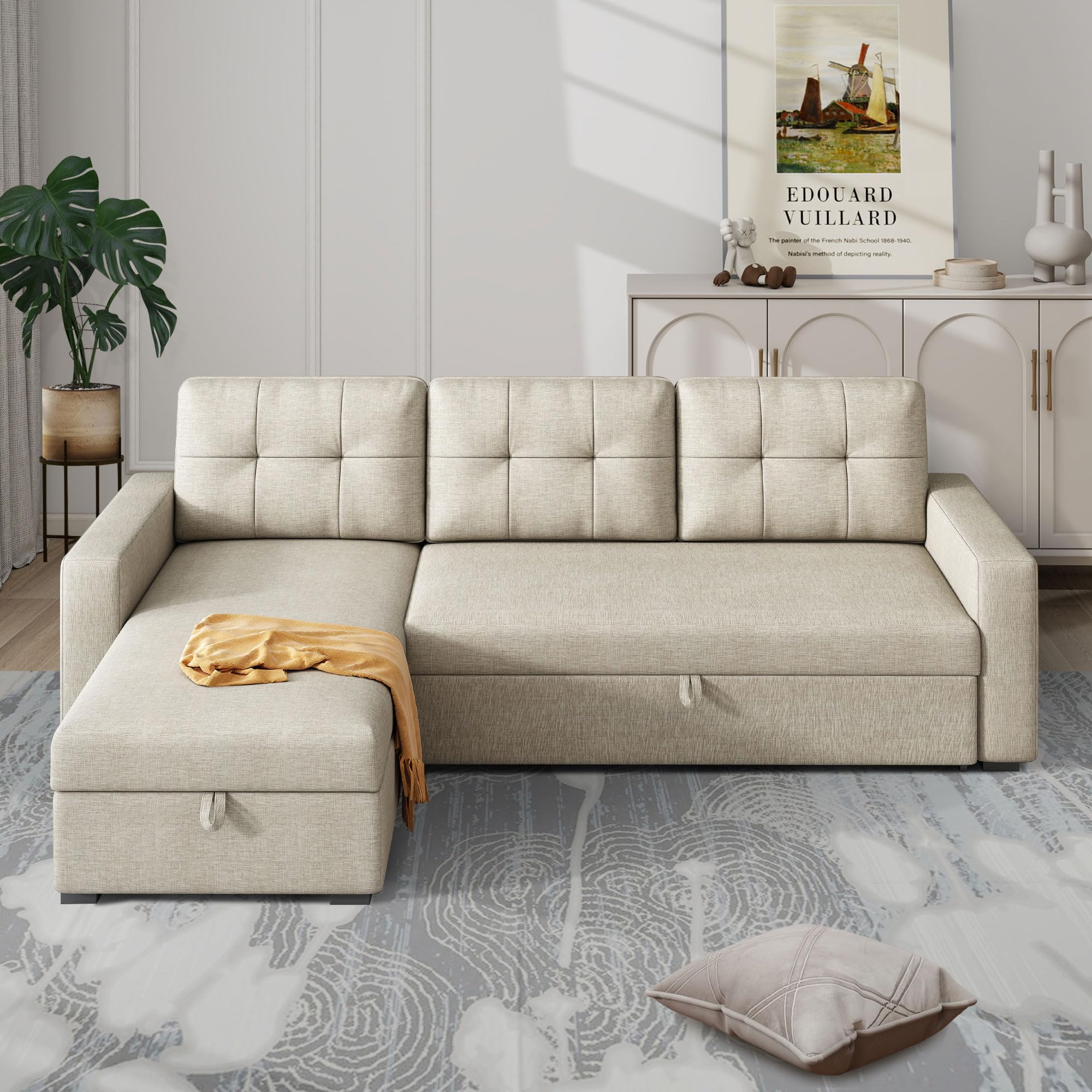 Sleeper Sectional Sofa W/Pull Out Bed,L Shaped Sofa Bed W/Storage Chaise
