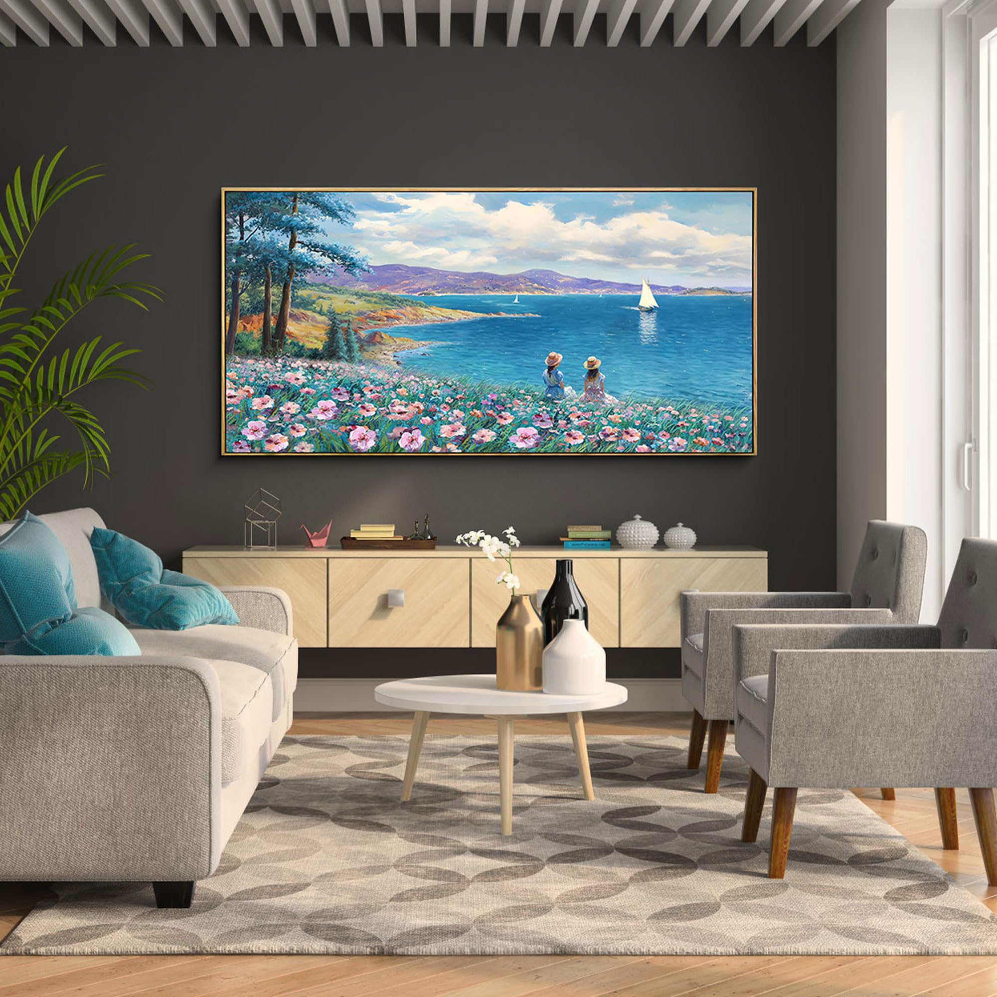 Large Landscape Wall Art - Blue Ocean Pink Flower Sailboat Mountain Tree Wall Decor