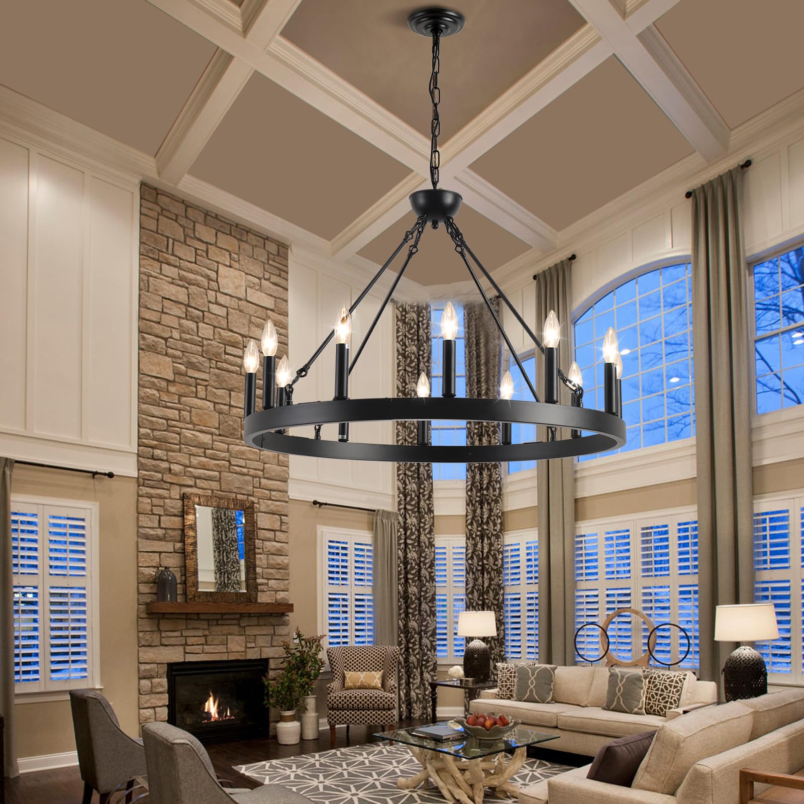 Wagon Wheel Chandelier 32" 12-Light, Round Black Chandeliers Farmhouse Modern