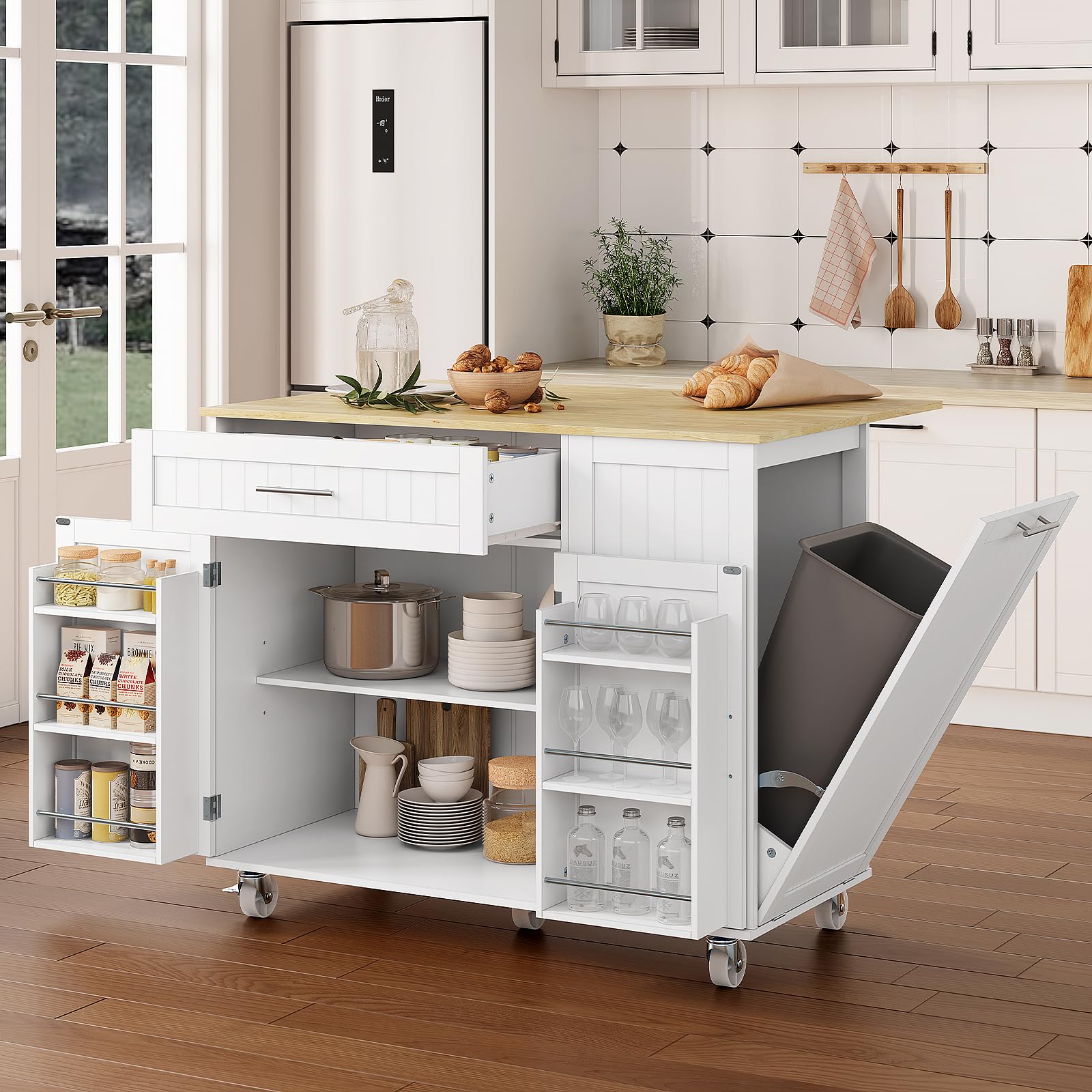 OtterOasis Kitchen Island with Storage, 31.5" D Rolling Kitchen Island Cart on Wheels with Widen Drop Leaf Rubberwood Top, Large Mobile Kitchen Island with Trash Can Storage and Towel Bar, White