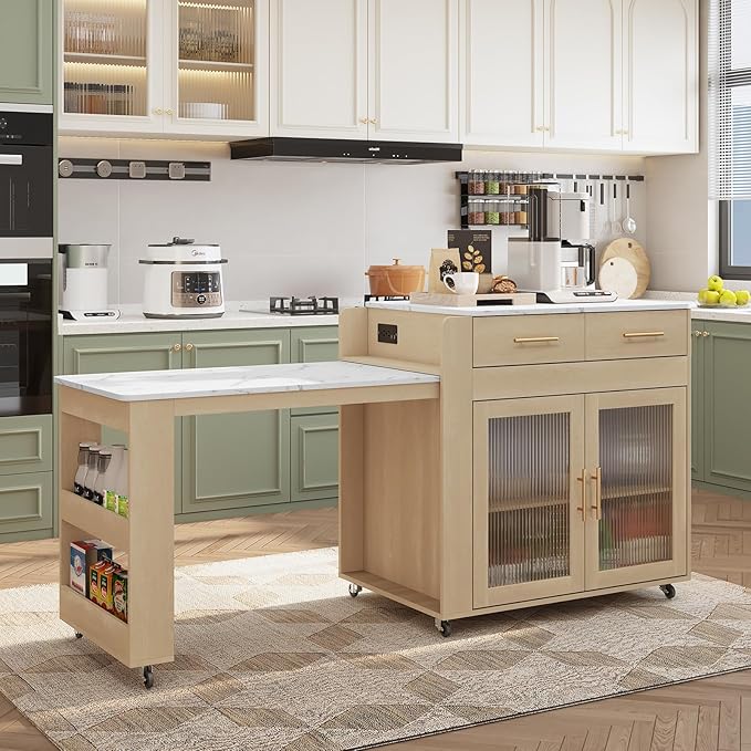 Island with Extendable Dining Table, Marble Grain Top Kitchen Island with Power
