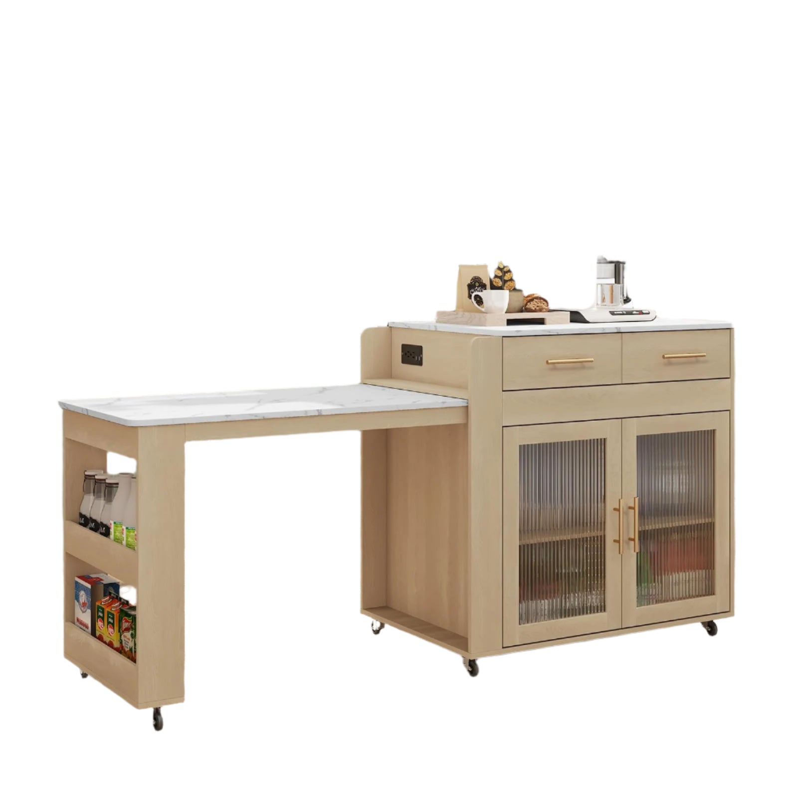 Island with Extendable Dining Table, Marble Grain Top Kitchen Island with Power
