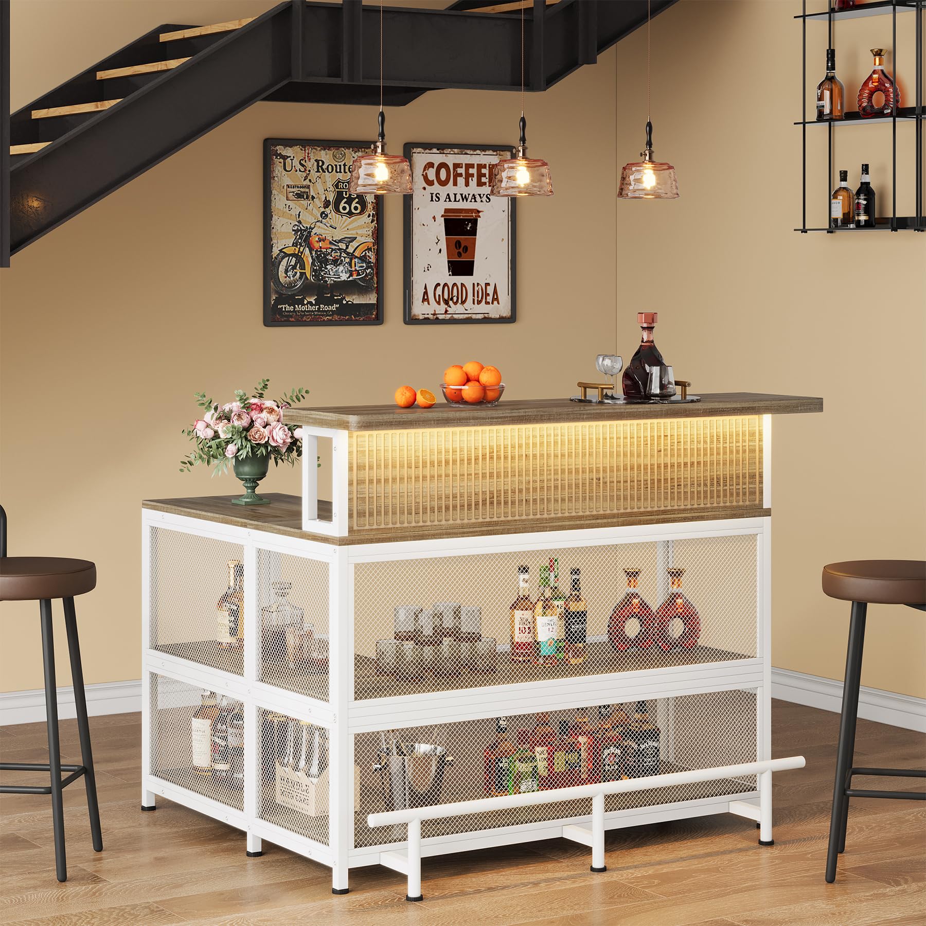 L-Shaped Home Bar Unit with LED Light and Wine Glasses Holder