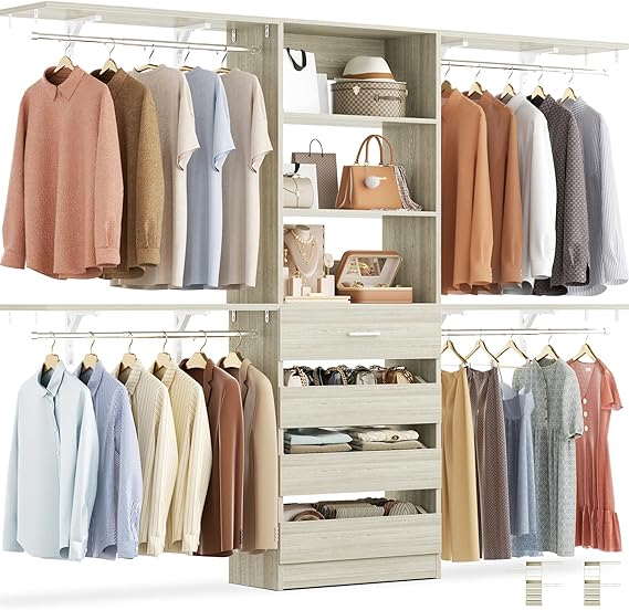 8FT Wood Closet Organizer With 4 Drawers, 96'' Built-In System Tower With Shelves