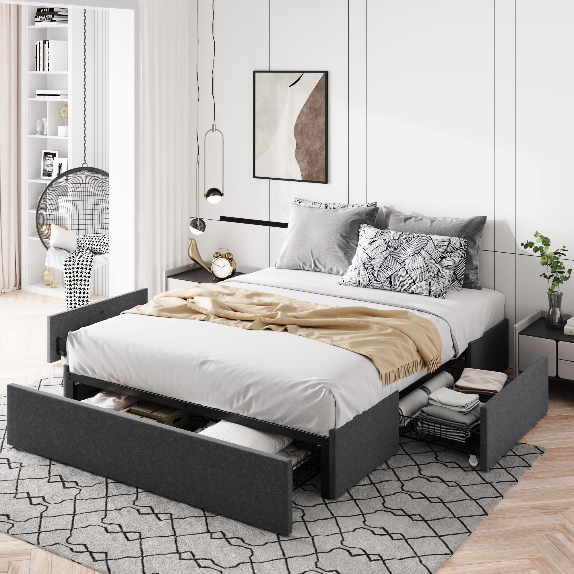 Queen Size Platform Bed Frame with 3 Storage Drawers