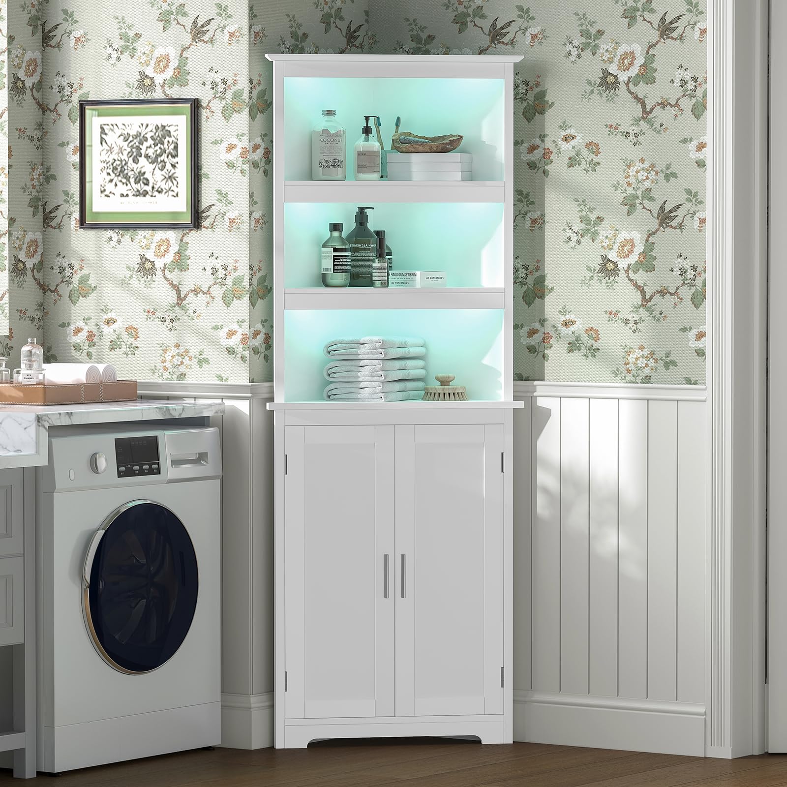 Tall Corner Cabinet with LED Lights, 5-Tier Bathroom Corner Cabinet,living room
