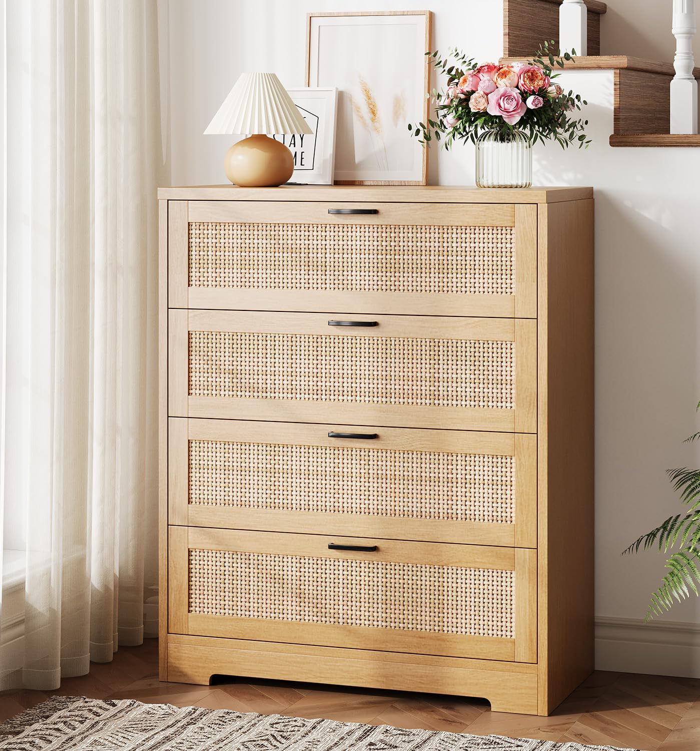 Rattan Dresser, Tall Chest of Drawers, Wood Dresser for Bedroom, Closet, Living Room