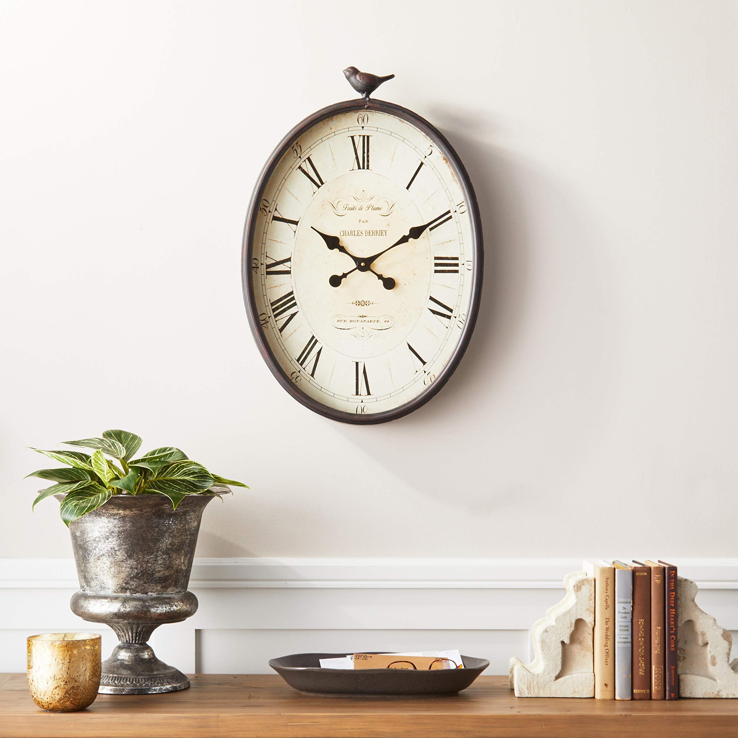 Oval Metal Wall Clock with Bird