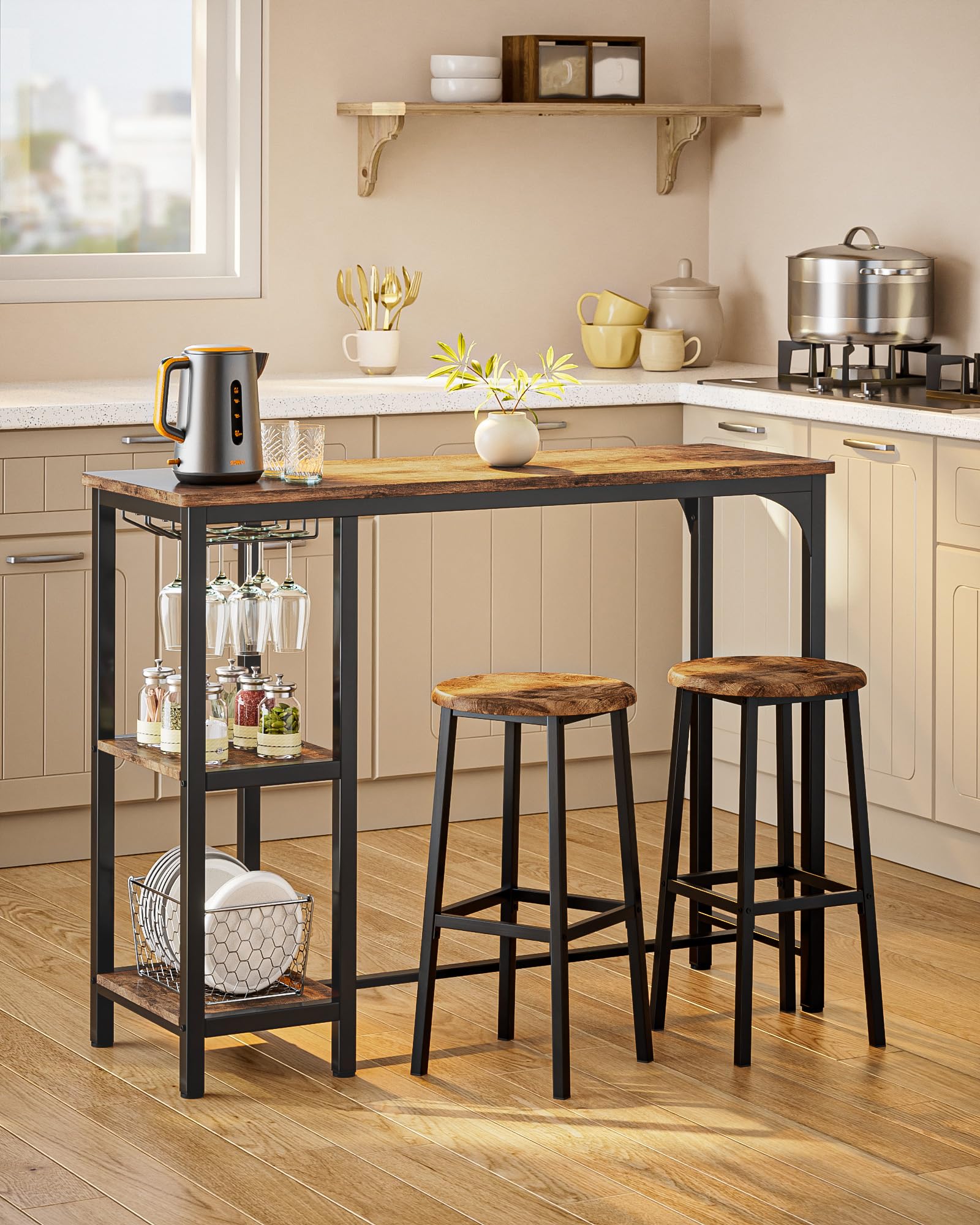 3-Piece Bar Table Set for 2, Bar Table with Stools & 2 Storage Shelves, Small Bar Table