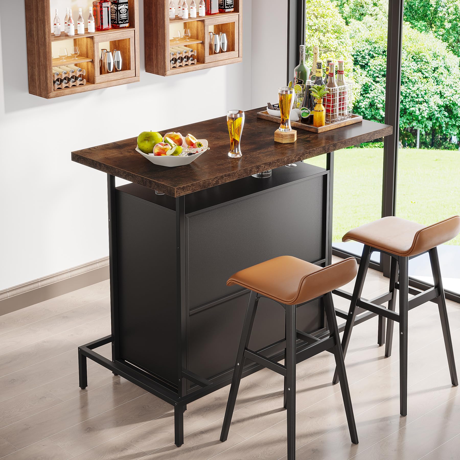 Industrial Home Bar Unit, 3-Tier Liquor Bar Table with 4 Stemware Racks