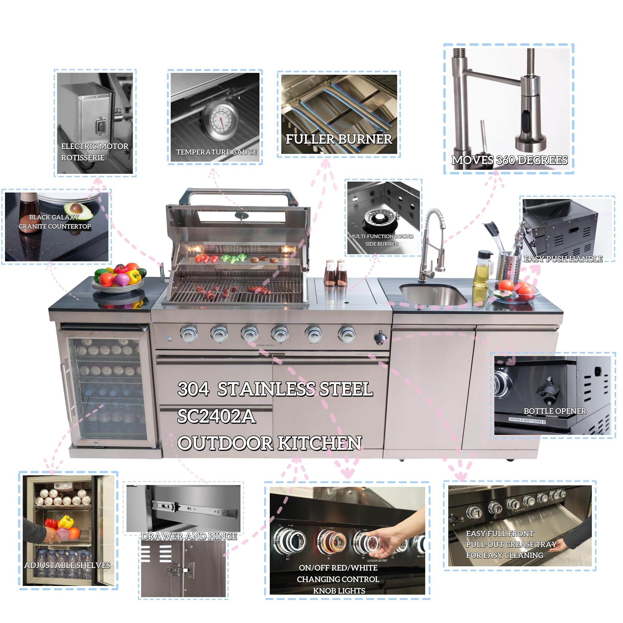 Outdoor Grill Islands 104" 4-Burner: 72000 BTU Outdoor bbq Island with Refrigerator