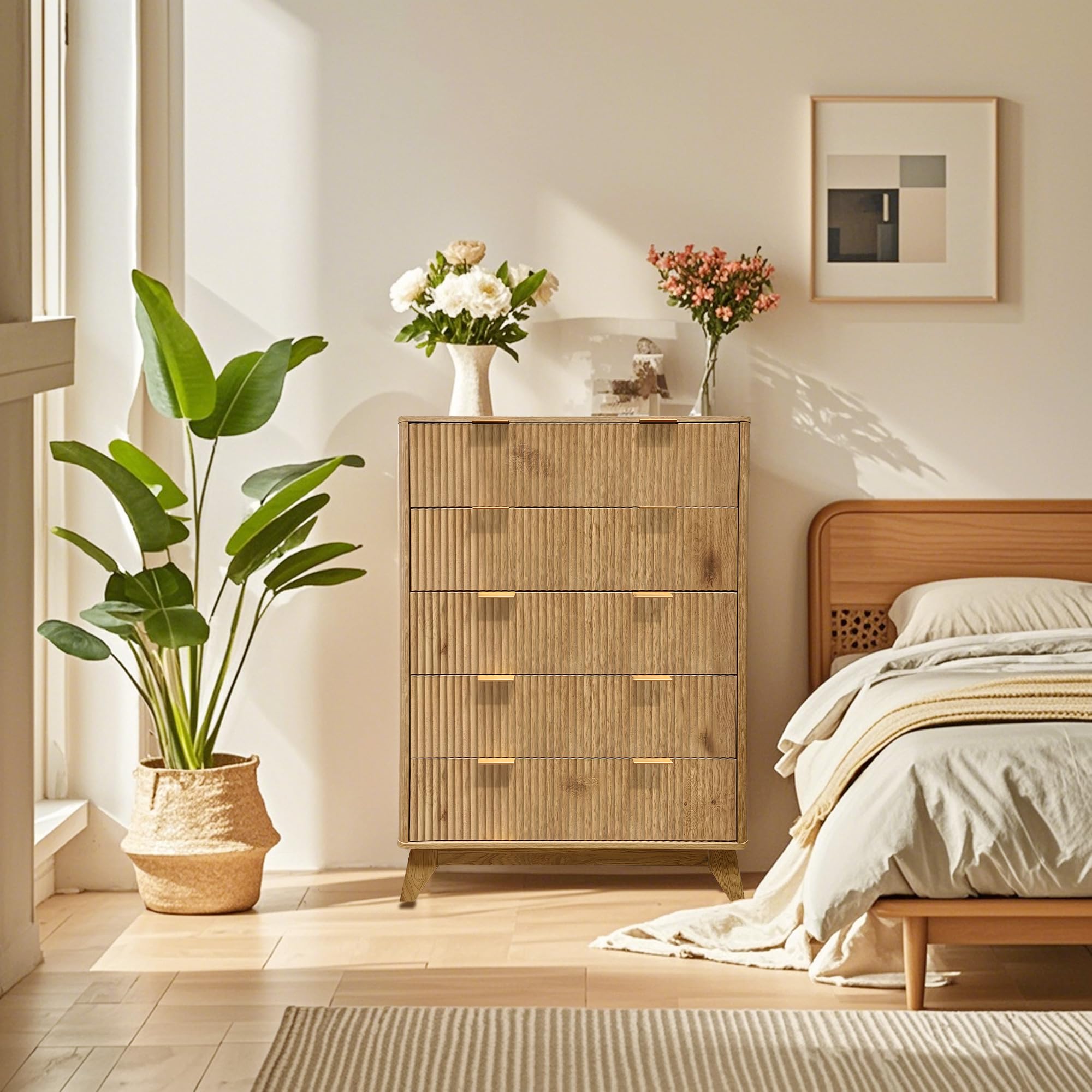 Tall Dresser, Wood Chest of Drawers, 5 Drawer Waveform Fluted Panel Dresser