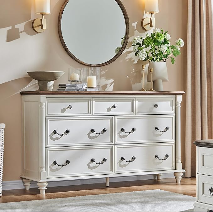 Farmhouse 7 Drawers Dresser Chests for Bedroom w/ 4 Column Solid Wood Feet