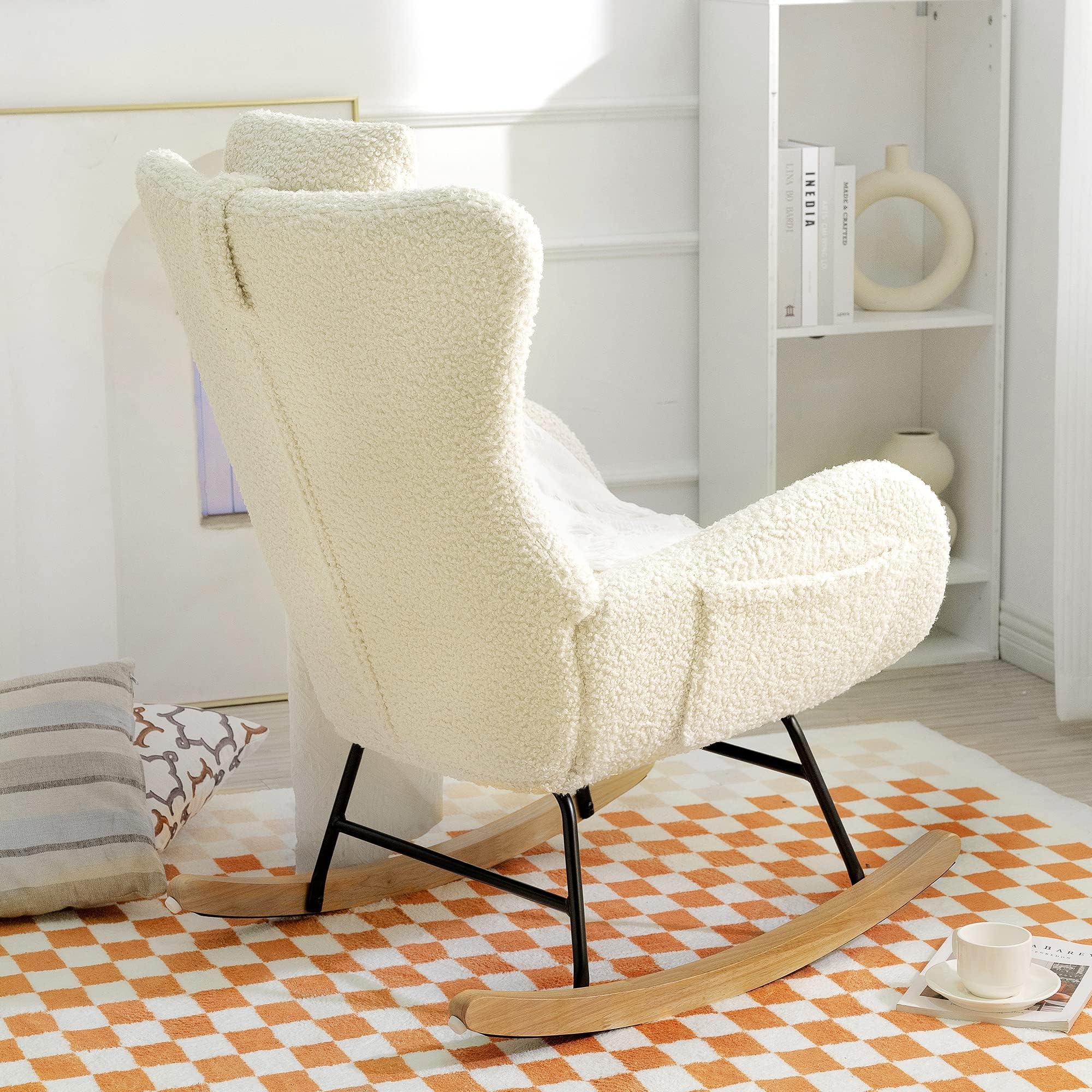 Rocking Chair Nursery, Teddy Upholstered Rocker Glider Chair with High Backrest