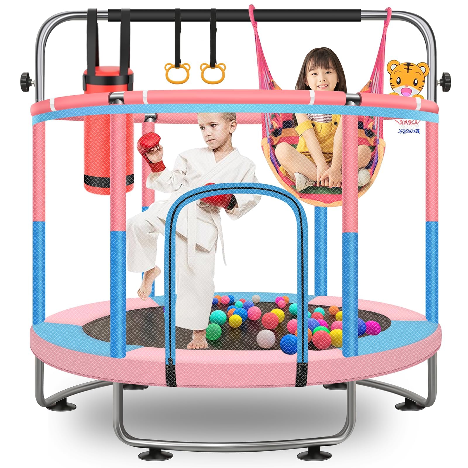 60" Toddler Trampoline for Kids, 5FT Adjustable Trampoline Indoor Outdoor with Enclosur Net, Mini Trampoline for Kids 3-10, 880lbs Capacity, Adjustable Gymnastics Bar, Swing, Basketball Hoop