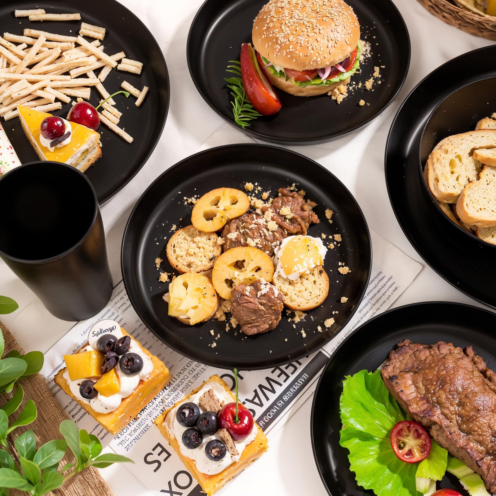 24pcs Black Wheat Straw Plates,Wheat Straw Dinnerware Set