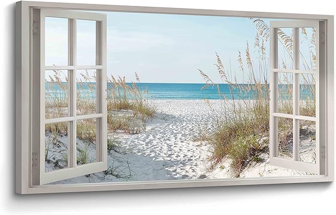 Window Beach Wall Art Prints: Modern Large Tropical Coastal Landscape Canvas