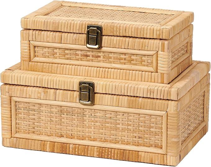 Rattan Box with Lid Decorative Natural Handmade Boho Rattan Baskets Woven