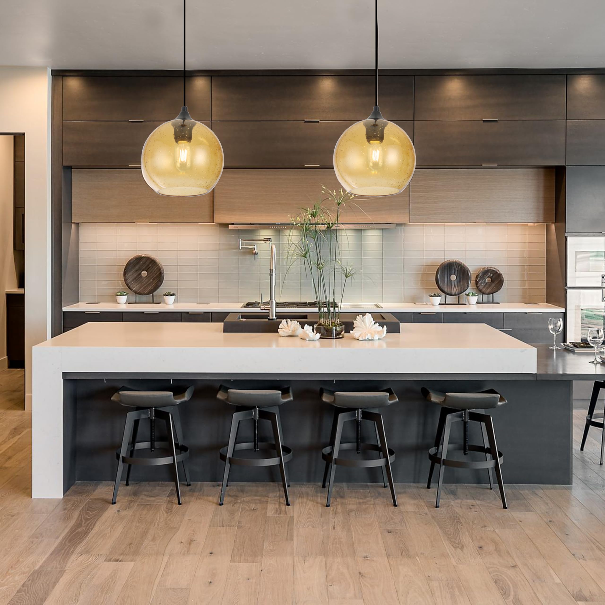 Amber Glass Pendant Ceiling Light Fixture Mid Century Modern Globe Hand Blown Glass