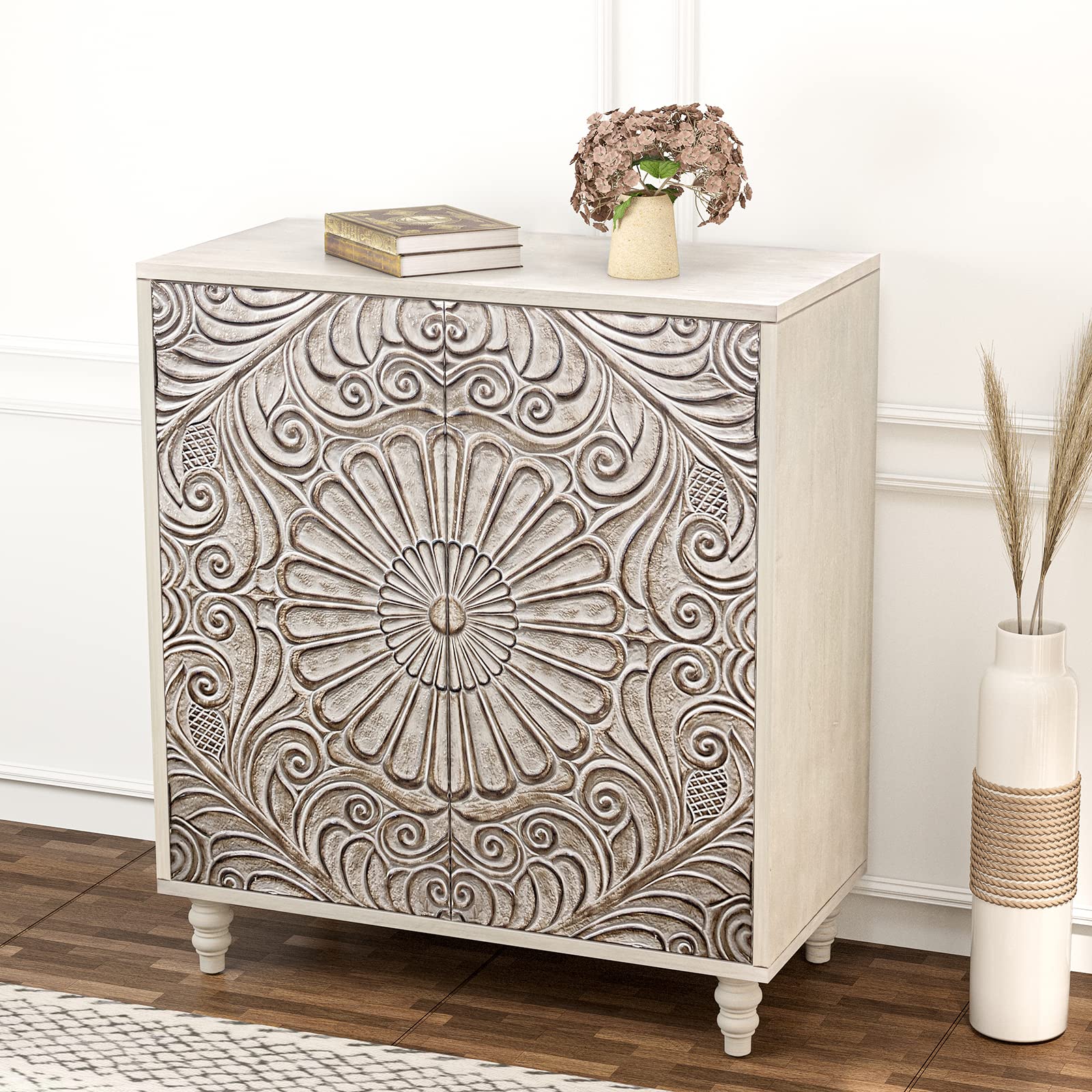 Accent Cabinet with Doors and Shelf, Rustic Boho Decorative Buffet Sideboard
