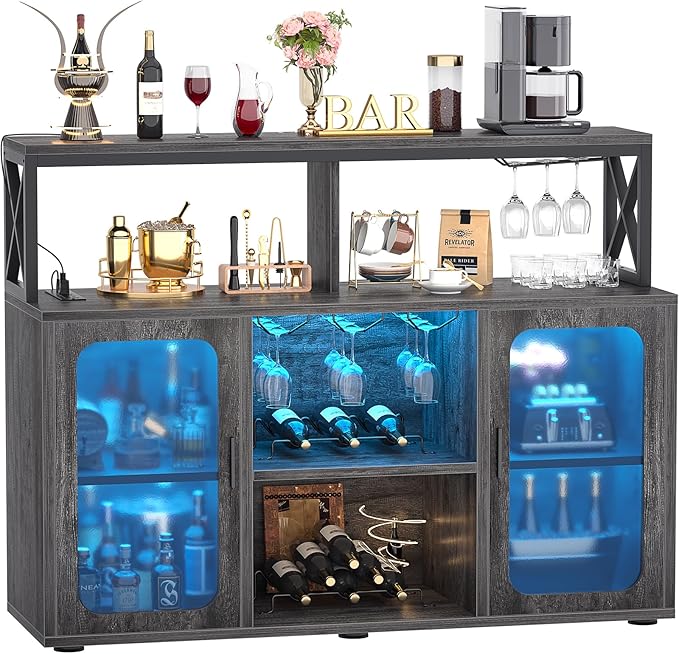 Bar Cabinet with Power Outlets, Liquor Cabinet with Led Lights and Glass Holder